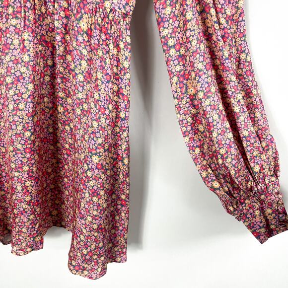 For Love‎ & Lemons Laurie Pink Floral Mini Dress Long Puff Sleeve Sz XS Satin - Picture 9 of 13